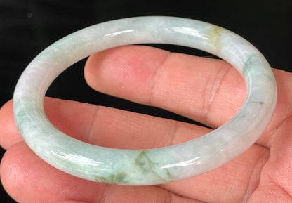 Natural Burmese Jadeite Jade Bangle – Icy Milky White & Apple Green with Honey Hues – Princess Cut – 56.9mm – JB159