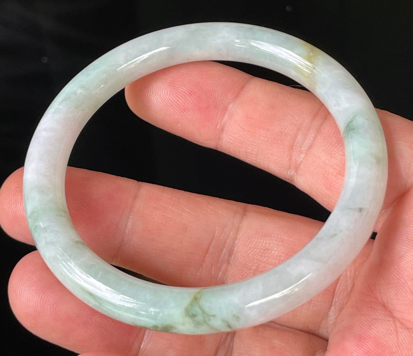 Natural Burmese Jadeite Jade Bangle – Icy Milky White & Apple Green with Honey Hues – Princess Cut – 56.9mm – JB159