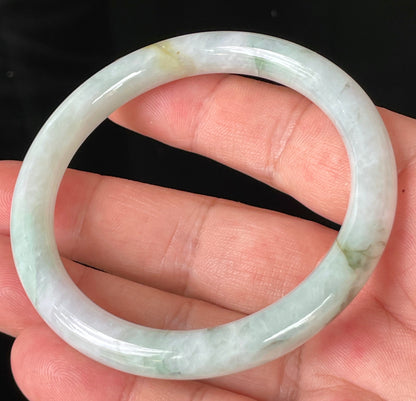 Natural Burmese Jadeite Jade Bangle – Icy Milky White & Apple Green with Honey Hues – Princess Cut – 56.9mm – JB159