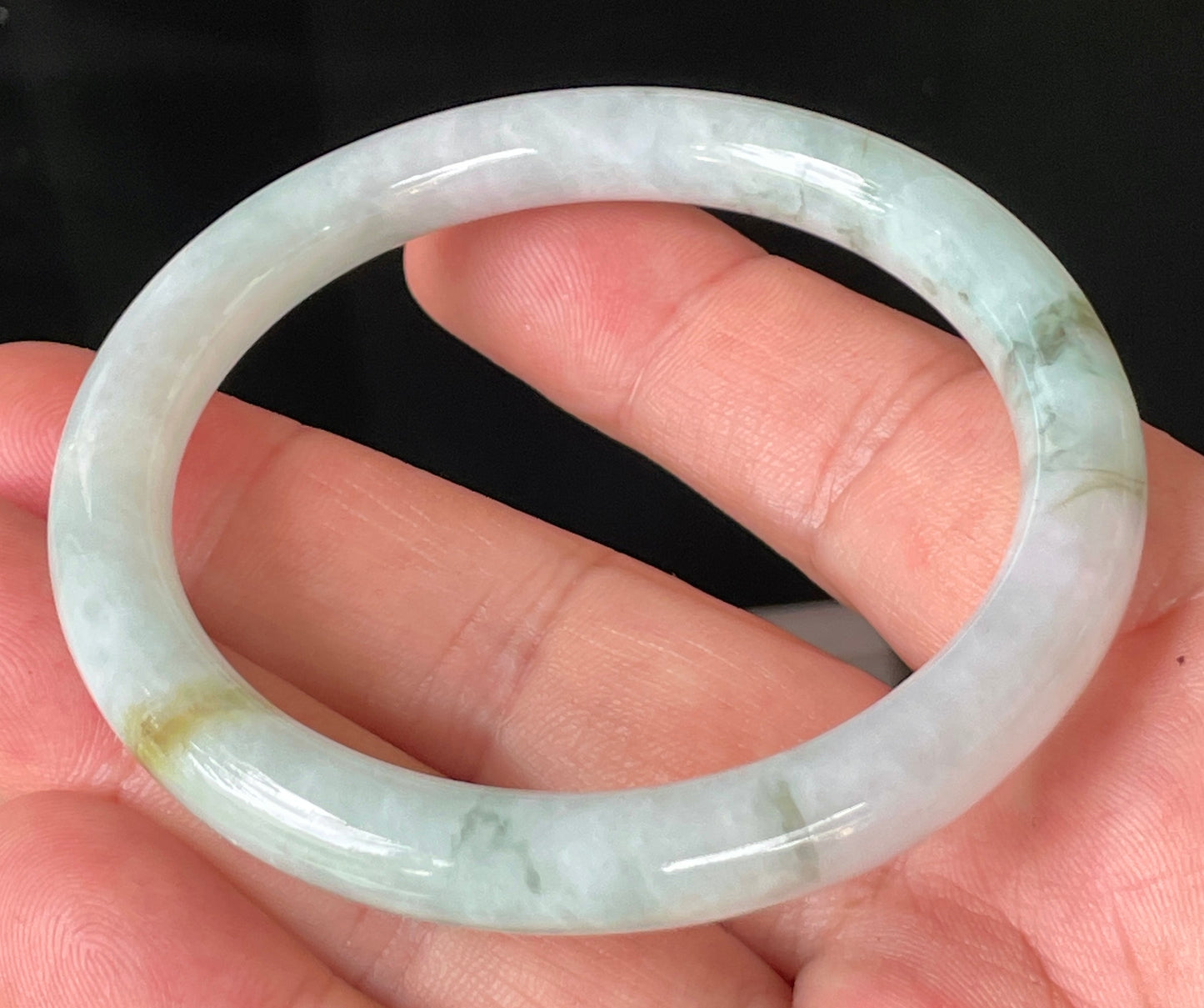 Natural Burmese Jadeite Jade Bangle – Icy Milky White & Apple Green with Honey Hues – Princess Cut – 56.9mm – JB159
