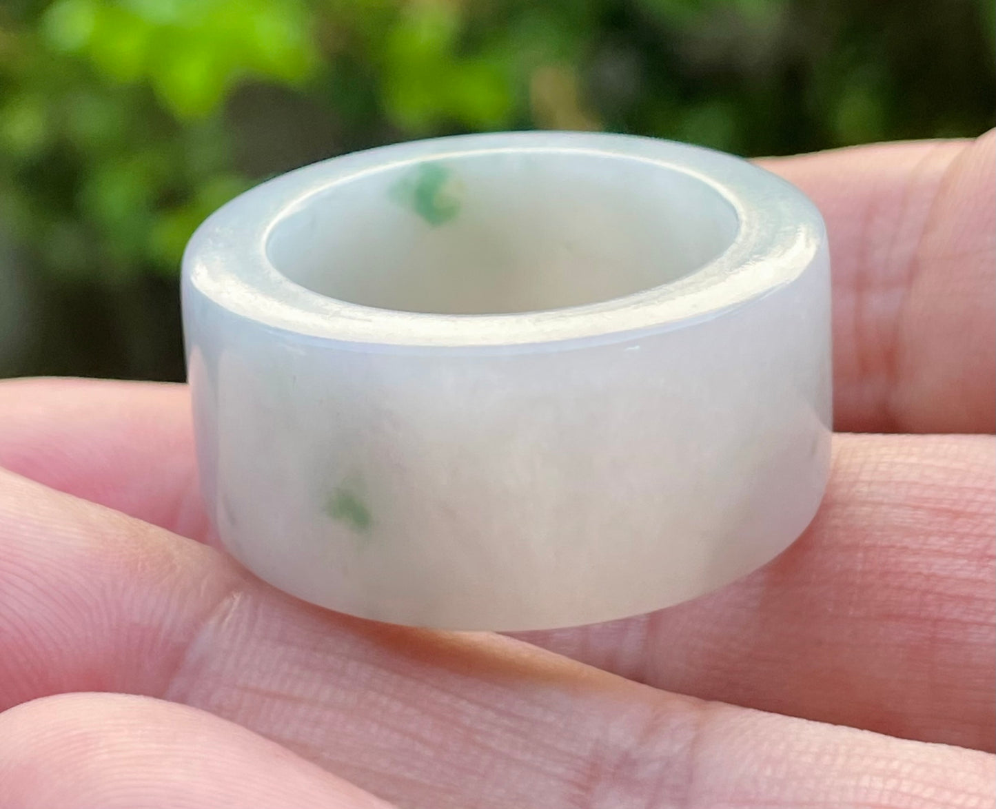Natural Burmese Jadeite Jade Ring – Icy Milky White & Imperial Green – Wide Tube Thumb/Band Style – Rounded & Polished – JRN024