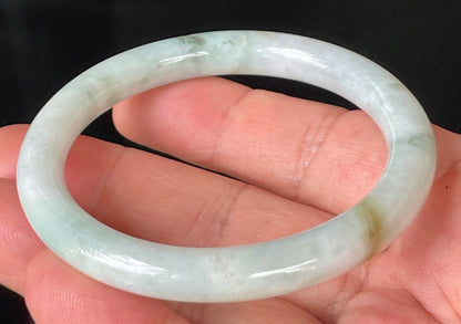 Natural Burmese Jadeite Jade Bangle – Icy Milky White & Apple Green with Honey Hues – Princess Cut – 56.9mm – JB159