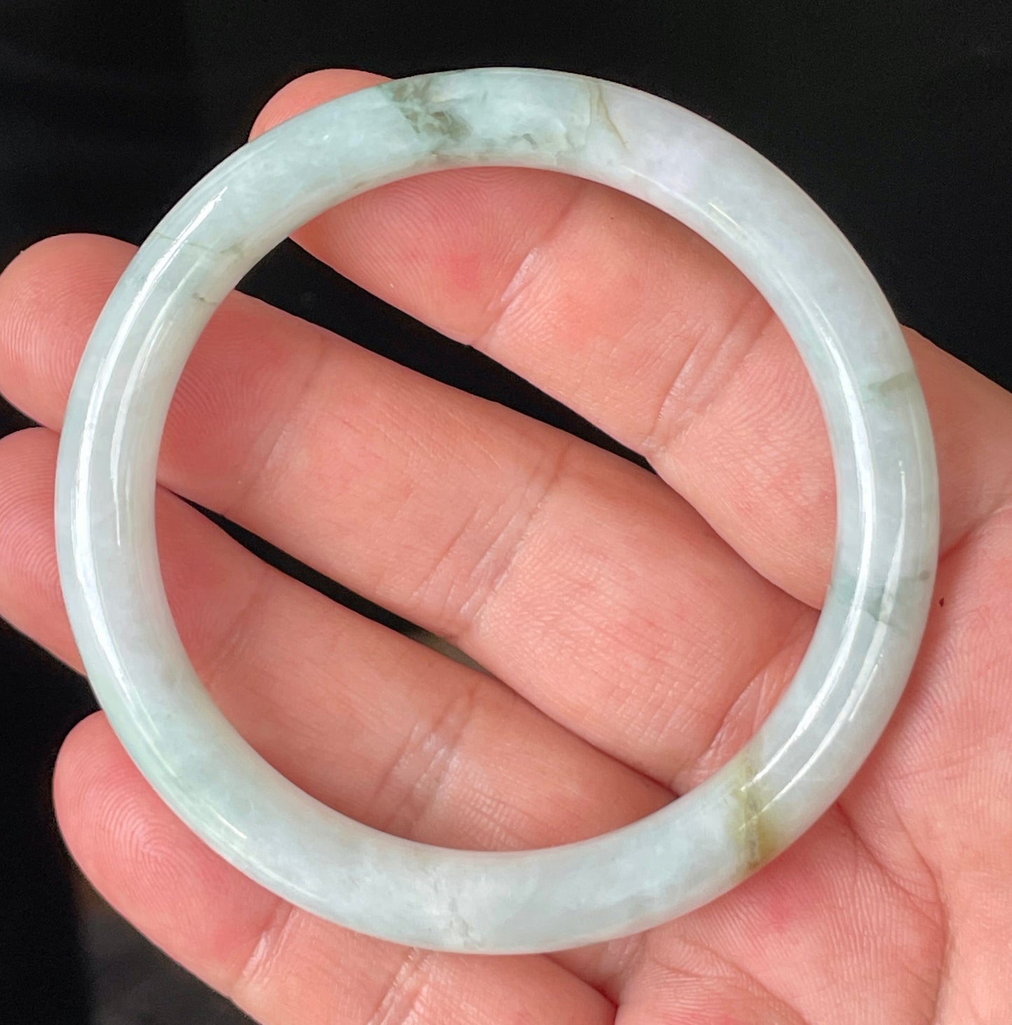Natural Burmese Jadeite Jade Bangle – Icy Milky White & Apple Green with Honey Hues – Princess Cut – 56.9mm – JB159
