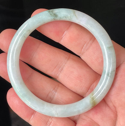 Natural Burmese Jadeite Jade Bangle – Icy Milky White & Apple Green with Honey Hues – Princess Cut – 56.9mm – JB159