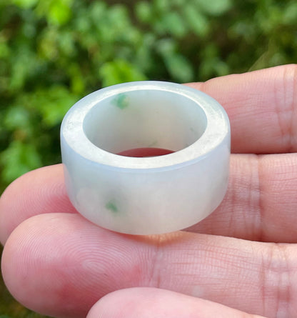Natural Burmese Jadeite Jade Ring – Icy Milky White & Imperial Green – Wide Tube Thumb/Band Style – Rounded & Polished – JRN024