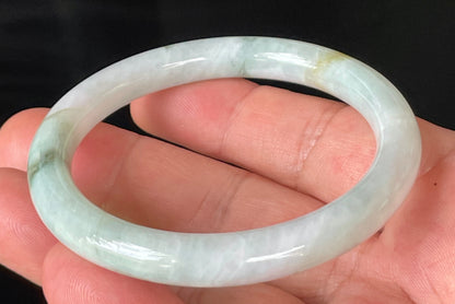 Natural Burmese Jadeite Jade Bangle – Icy Milky White & Apple Green with Honey Hues – Princess Cut – 56.9mm – JB159