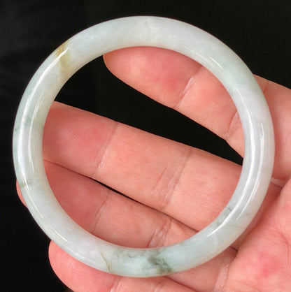 Natural Burmese Jadeite Jade Bangle – Icy Milky White & Apple Green with Honey Hues – Princess Cut – 56.9mm – JB159