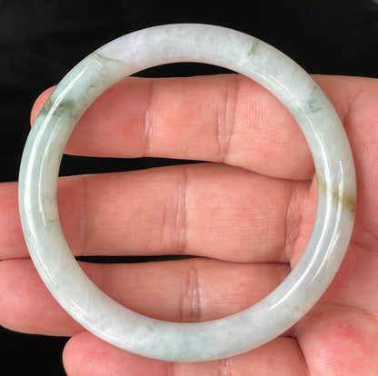Natural Burmese Jadeite Jade Bangle – Icy Milky White & Apple Green with Honey Hues – Princess Cut – 56.9mm – JB159
