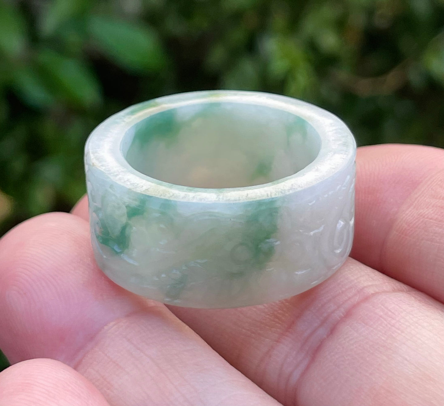 Natural Burmese Jadeite Jade Ring – Icy Imperial Green & Milky White – Hand-Carved Swirl Motif – Wide Thumb/Band Style – JRN026