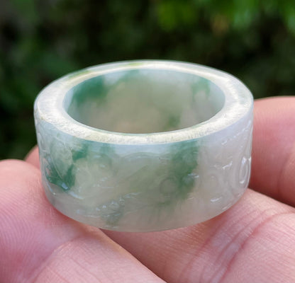 Natural Burmese Jadeite Jade Ring – Icy Imperial Green & Milky White – Hand-Carved Swirl Motif – Wide Thumb/Band Style – JRN026