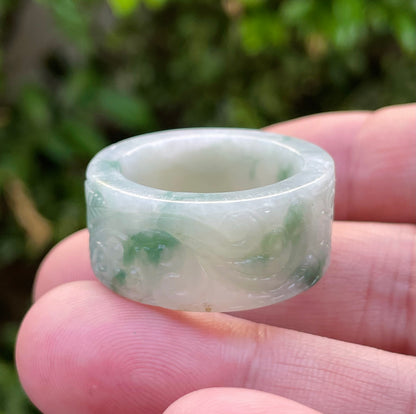 Natural Burmese Jadeite Jade Ring – Icy Imperial Green & Milky White – Hand-Carved Swirl Motif – Wide Thumb/Band Style – JRN026