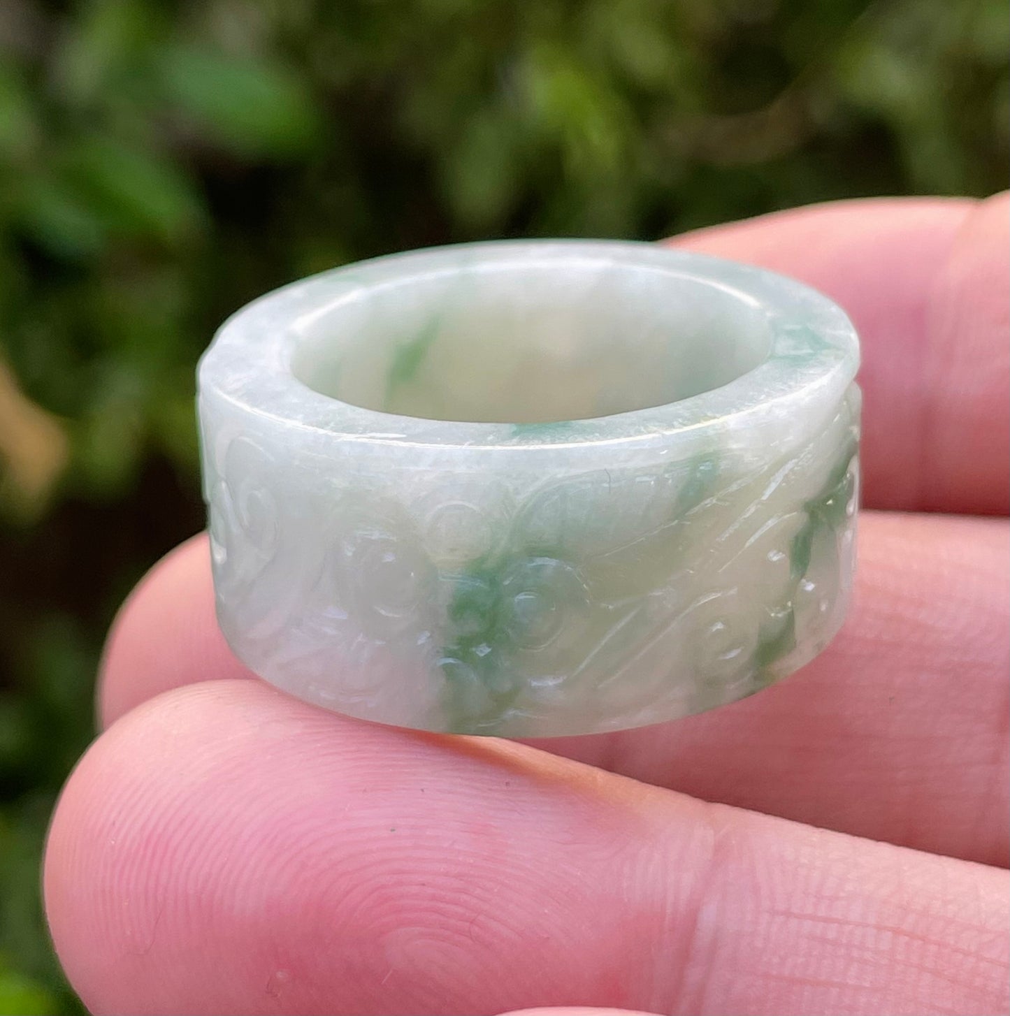 Natural Burmese Jadeite Jade Ring – Icy Imperial Green & Milky White – Hand-Carved Swirl Motif – Wide Thumb/Band Style – JRN026