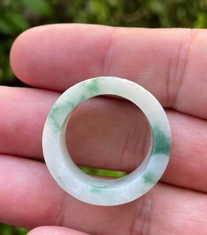 Natural Burmese Jadeite Jade Ring – Icy Imperial Green & Milky White – Hand-Carved Swirl Motif – Wide Thumb/Band Style – JRN026