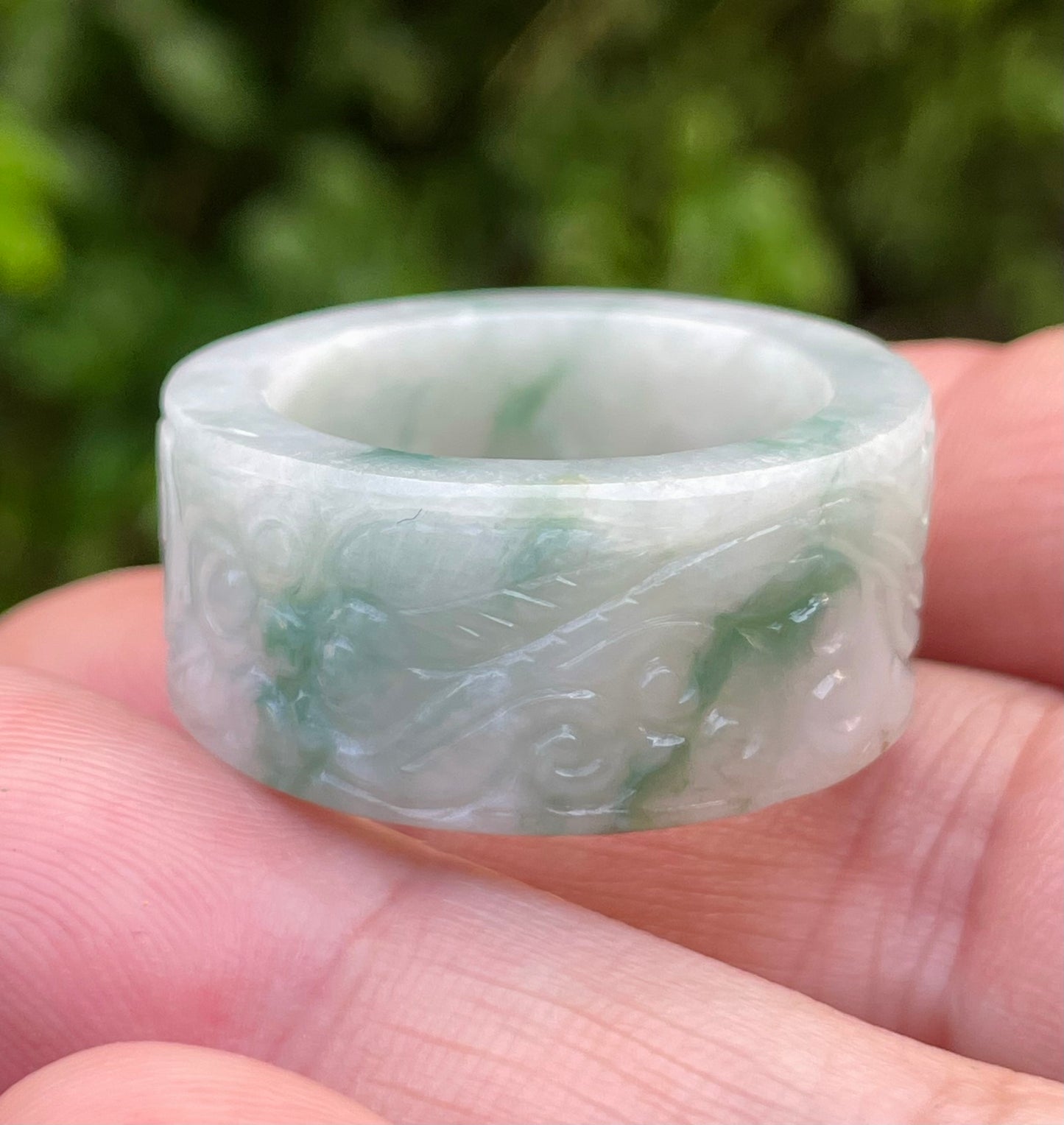 Natural Burmese Jadeite Jade Ring – Icy Imperial Green & Milky White – Hand-Carved Swirl Motif – Wide Thumb/Band Style – JRN026