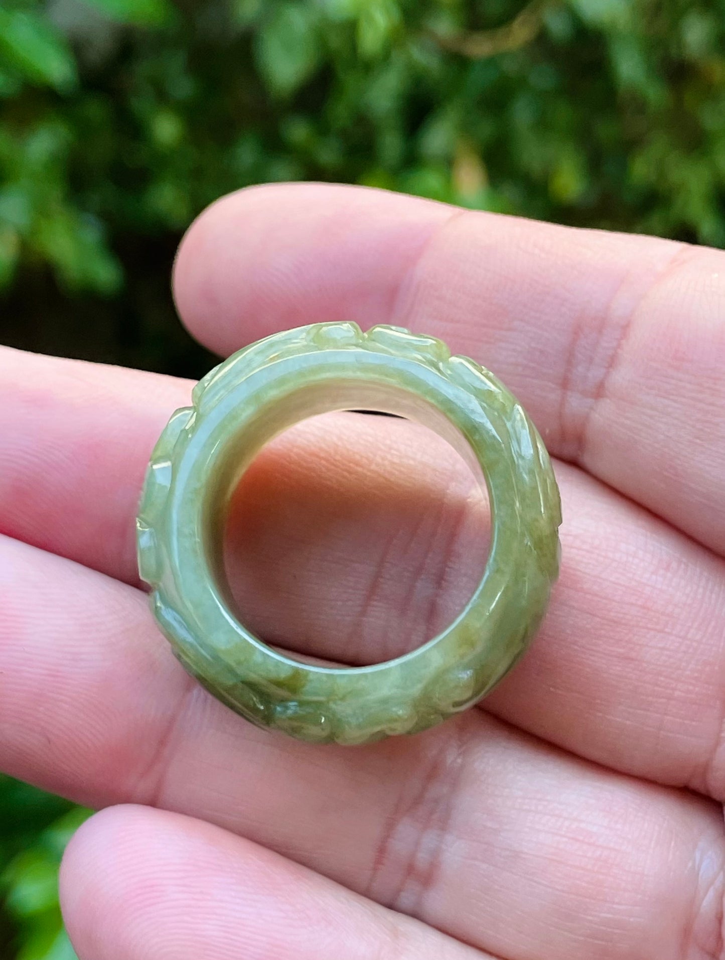 Natural Burmese Jadeite Jade Ring – Mossy Green – Floral Swirl Motif – Wide Thumb/Band Style – JRN030