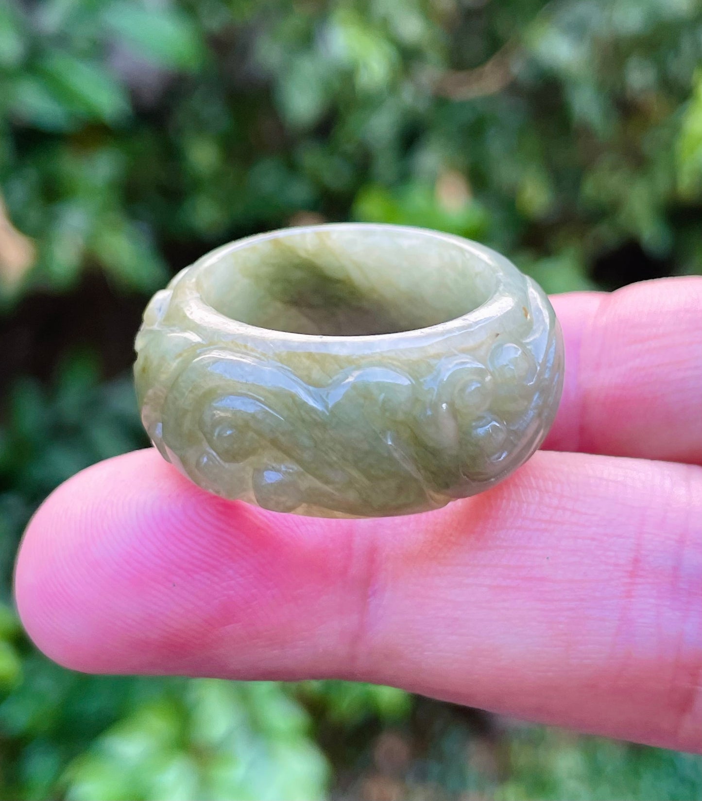 Natural Burmese Jadeite Jade Ring – Mossy Green – Floral Swirl Motif – Wide Thumb/Band Style – JRN030