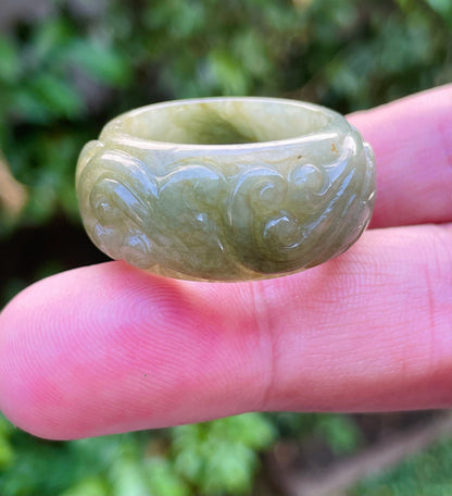 Natural Burmese Jadeite Jade Ring – Mossy Green – Floral Swirl Motif – Wide Thumb/Band Style – JRN030