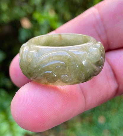 Natural Burmese Jadeite Jade Ring – Mossy Green – Floral Swirl Motif – Wide Thumb/Band Style – JRN030