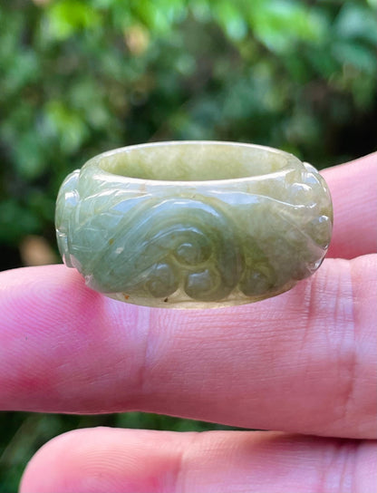 Natural Burmese Jadeite Jade Ring – Mossy Green – Floral Swirl Motif – Wide Thumb/Band Style – JRN030