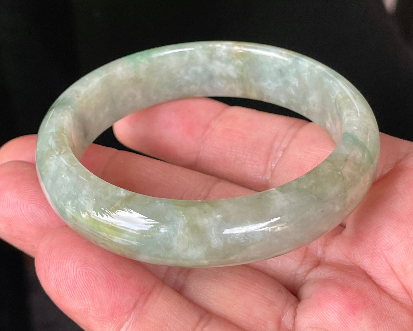 Natural Burmese Jadeite Jade Bangle – Icy Light Apple & Imperial Green with Milky White Hues & Natural Jade Veins – 55.4mm – JB230