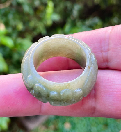 Natural Burmese Jadeite Jade Ring – Mossy Green – Floral Swirl Motif – Wide Thumb/Band Style – JRN030