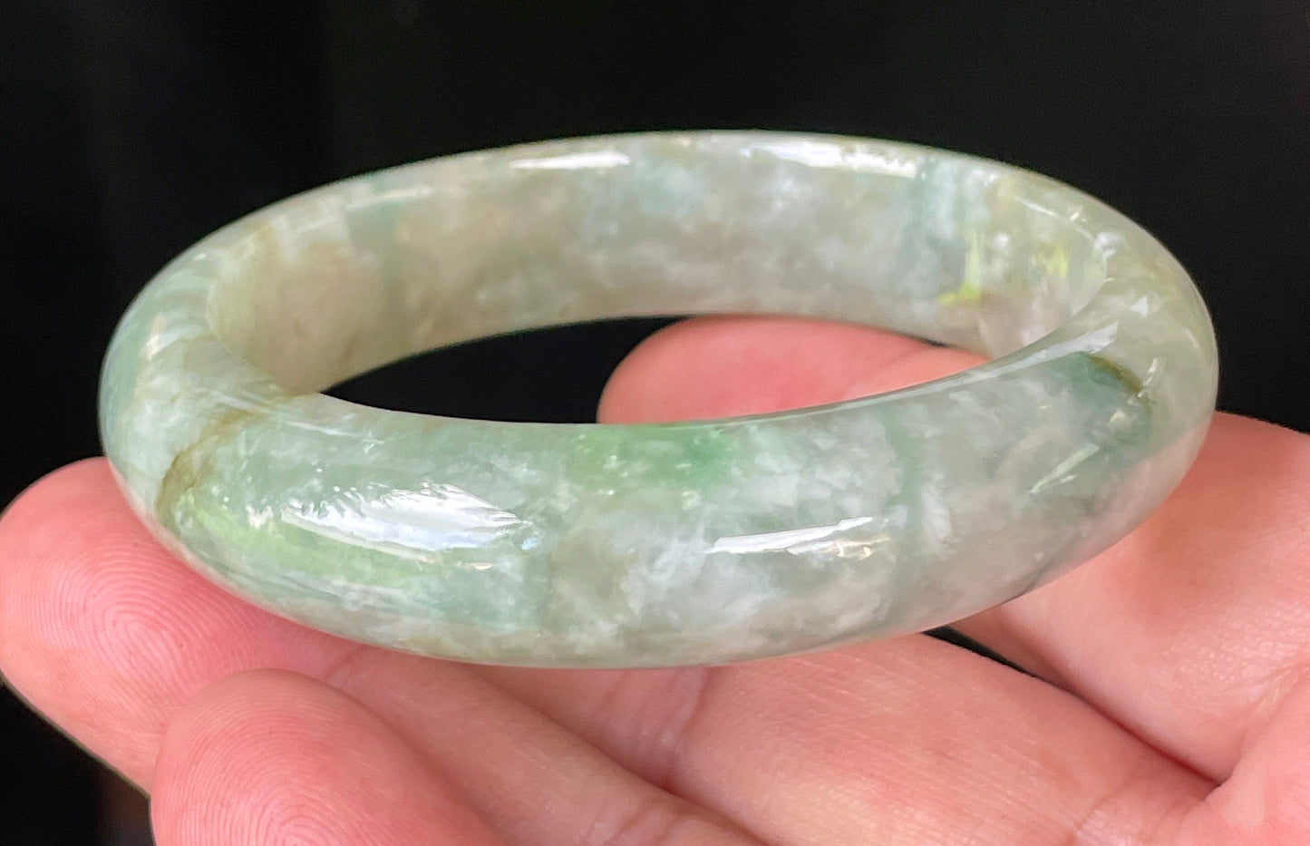 Natural Burmese Jadeite Jade Bangle – Icy Light Apple & Imperial Green with Milky White Hues & Natural Jade Veins – 55.4mm – JB230