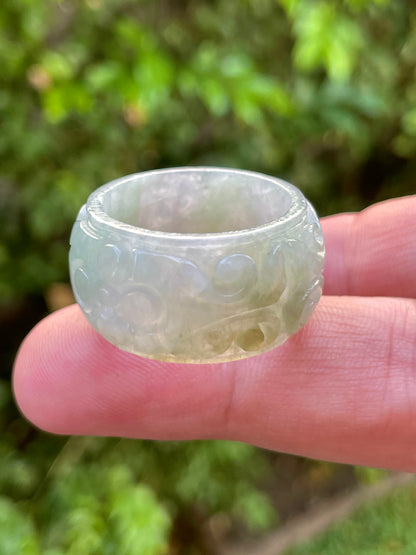 Natural Burmese Jadeite Jade Ring – Icy White & Imperial Green – Hand-Carved Floral Swirl Motif – Wide Thumb/Band Style – JRN031
