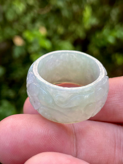 Natural Burmese Jadeite Jade Ring – Icy White & Imperial Green – Hand-Carved Floral Swirl Motif – Wide Thumb/Band Style – JRN031