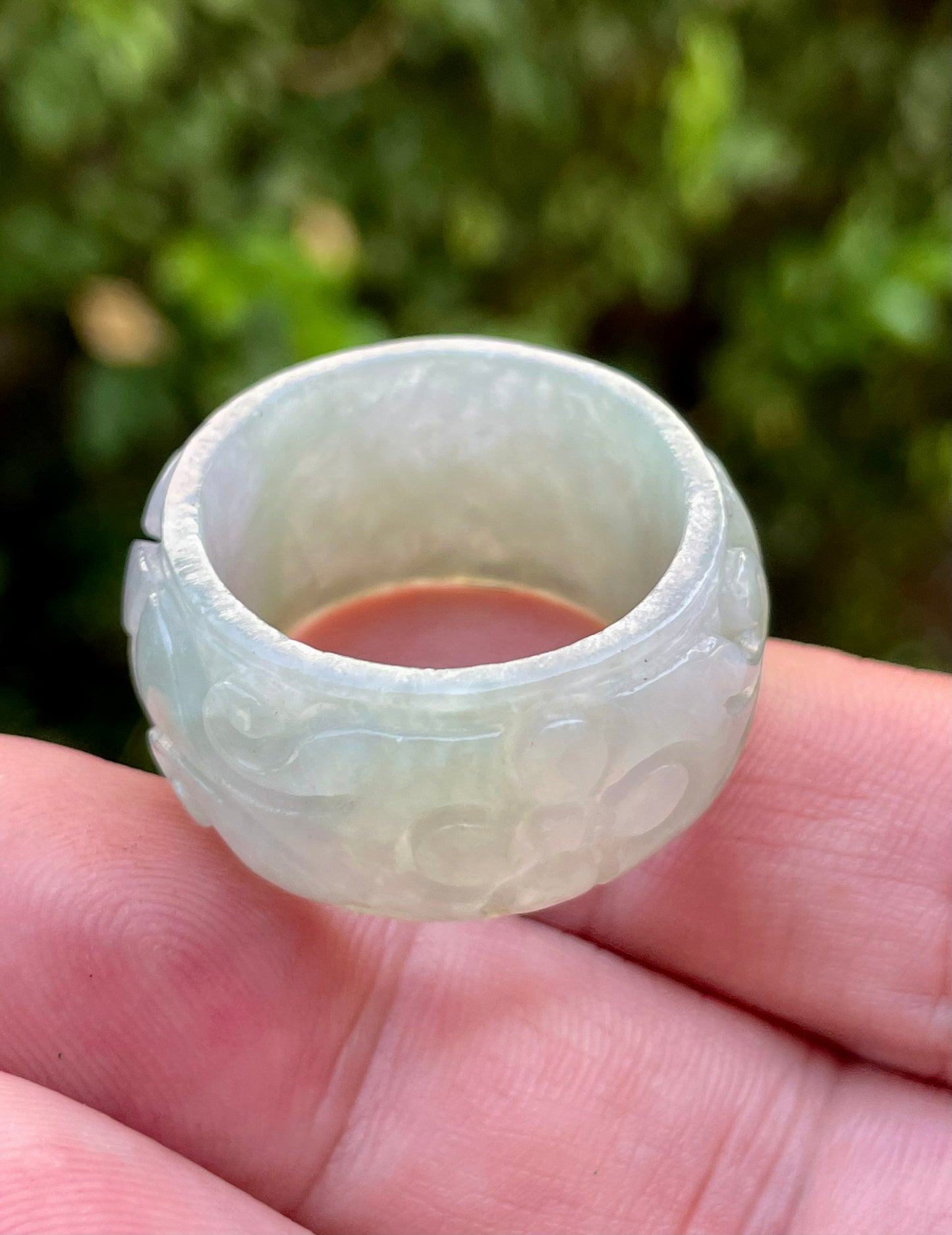 Natural Burmese Jadeite Jade Ring – Icy White & Imperial Green – Hand-Carved Floral Swirl Motif – Wide Thumb/Band Style – JRN031