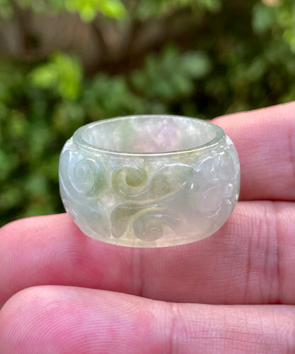 Natural Burmese Jadeite Jade Ring – Icy White & Imperial Green – Hand-Carved Floral Swirl Motif – Wide Thumb/Band Style – JRN031