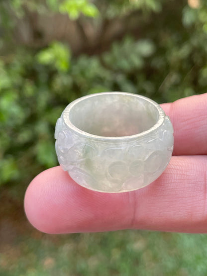 Natural Burmese Jadeite Jade Ring – Icy White & Imperial Green – Hand-Carved Floral Swirl Motif – Wide Thumb/Band Style – JRN031