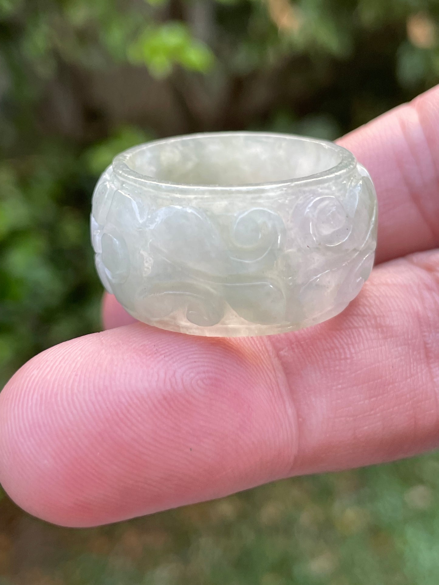 Natural Burmese Jadeite Jade Ring – Icy White & Imperial Green – Hand-Carved Floral Swirl Motif – Wide Thumb/Band Style – JRN031