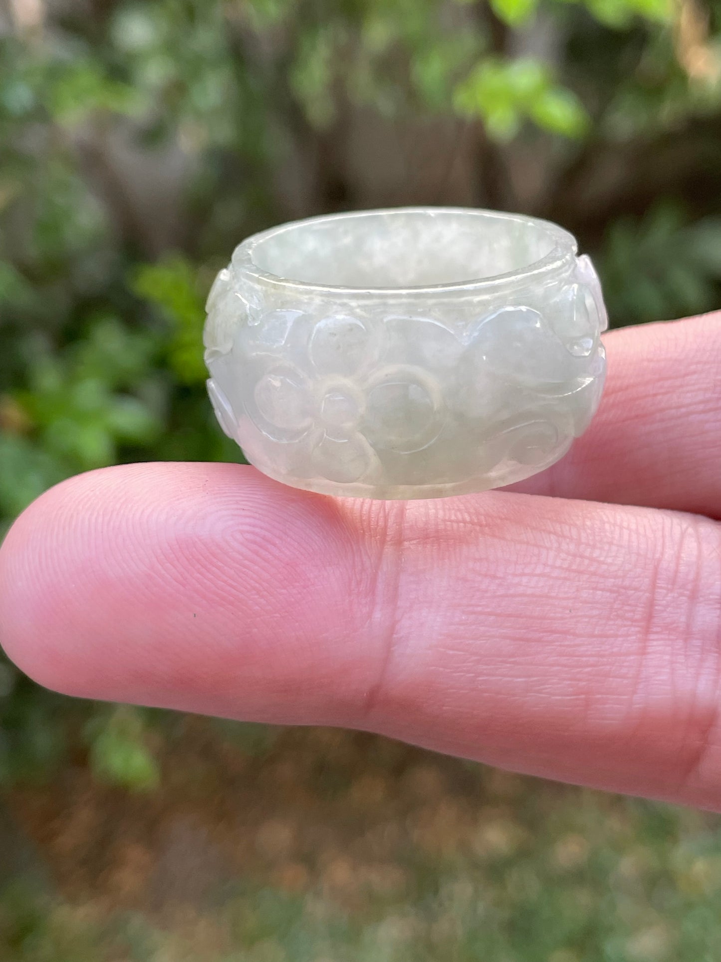 Natural Burmese Jadeite Jade Ring – Icy White & Imperial Green – Hand-Carved Floral Swirl Motif – Wide Thumb/Band Style – JRN031