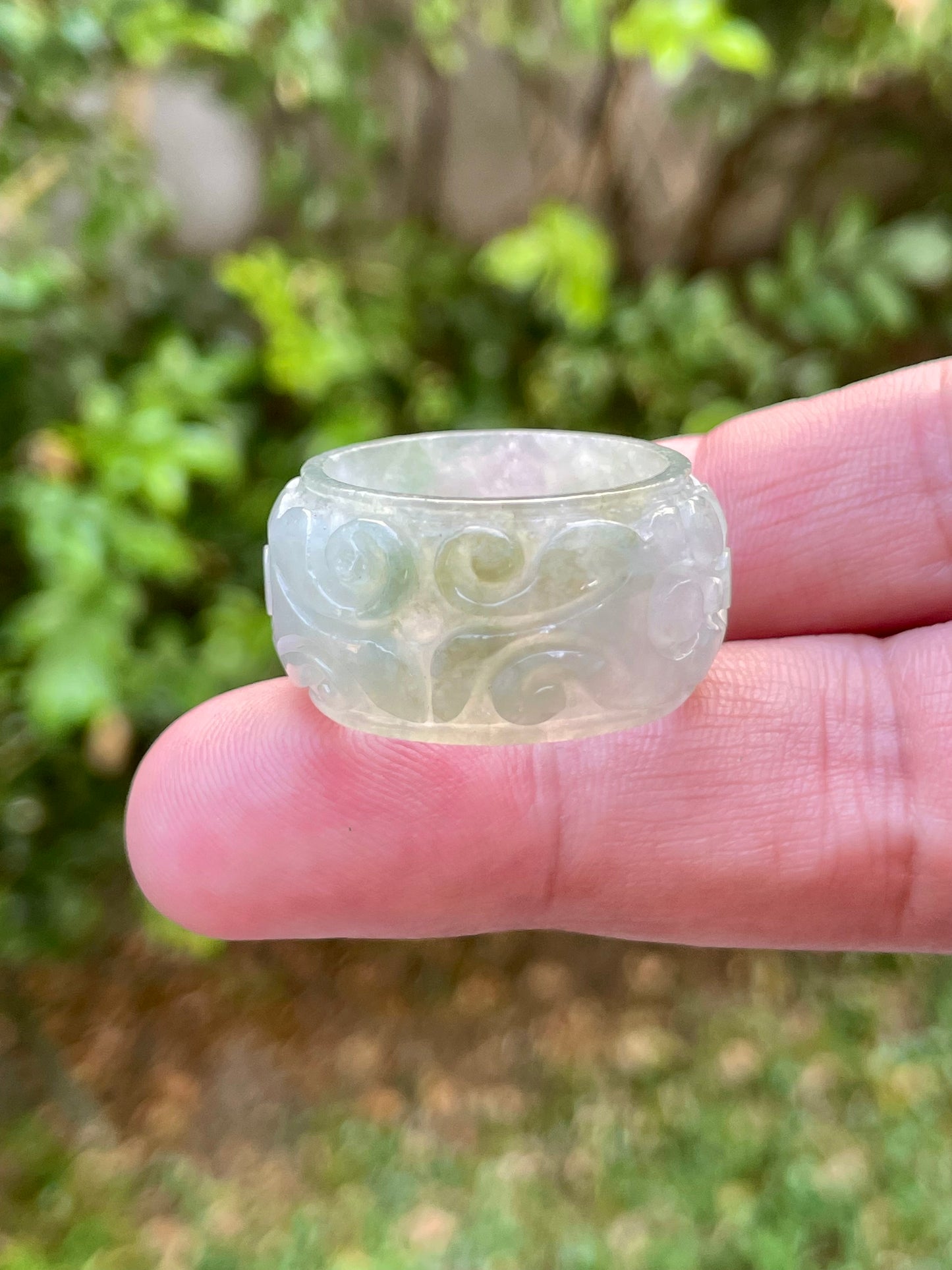 Natural Burmese Jadeite Jade Ring – Icy White & Imperial Green – Hand-Carved Floral Swirl Motif – Wide Thumb/Band Style – JRN031
