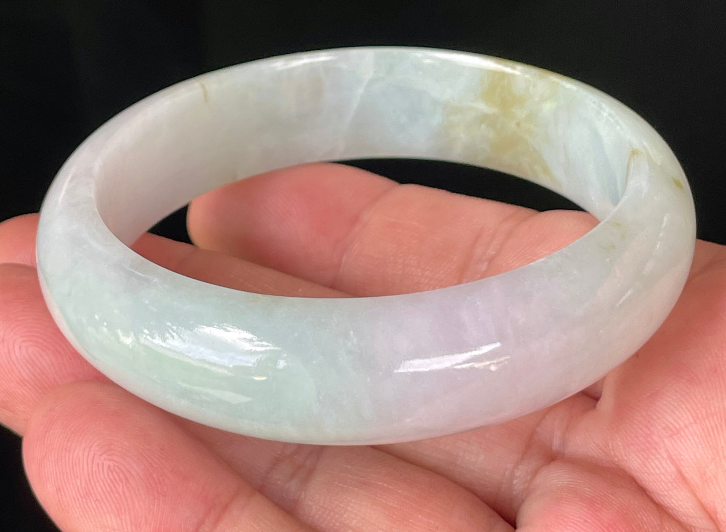 Natural Burmese Jadeite Jade Bangle – Icy Milky White with Light Apple, Forest Green & Lavender Hues – 58.7mm – JB226