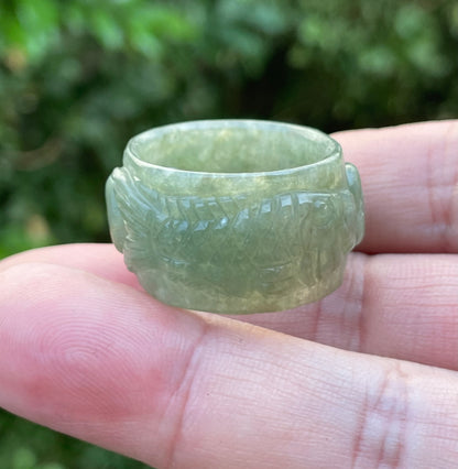 Natural Burmese Jadeite Jade Ring – Icy Translucent Emerald Green – Hand-Carved Fish Motif – Wide Thumb/Band Style – JRN032