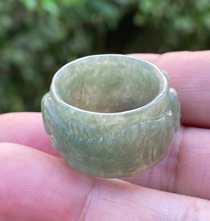 Natural Burmese Jadeite Jade Ring – Icy Translucent Emerald Green – Hand-Carved Fish Motif – Wide Thumb/Band Style – JRN032