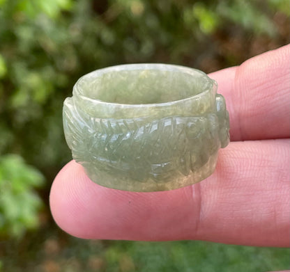 Natural Burmese Jadeite Jade Ring – Icy Translucent Emerald Green – Hand-Carved Fish Motif – Wide Thumb/Band Style – JRN032
