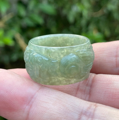 Natural Burmese Jadeite Jade Ring – Icy Translucent Emerald Green – Hand-Carved Fish Motif – Wide Thumb/Band Style – JRN032
