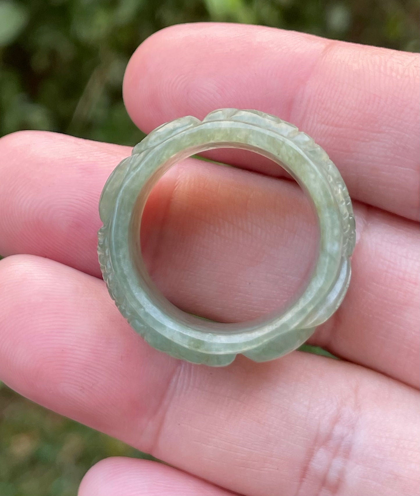 Natural Burmese Jadeite Jade Ring – Icy Translucent Emerald Green – Hand-Carved Fish Motif – Wide Thumb/Band Style – JRN032