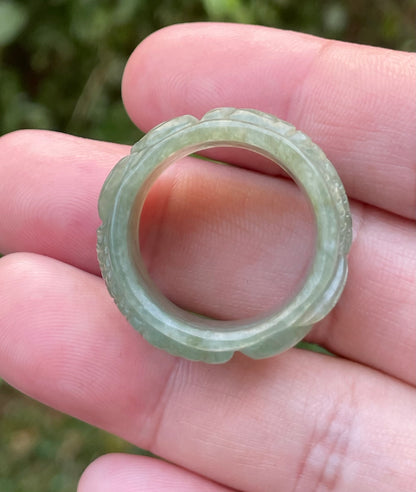 Natural Burmese Jadeite Jade Ring – Icy Translucent Emerald Green – Hand-Carved Fish Motif – Wide Thumb/Band Style – JRN032