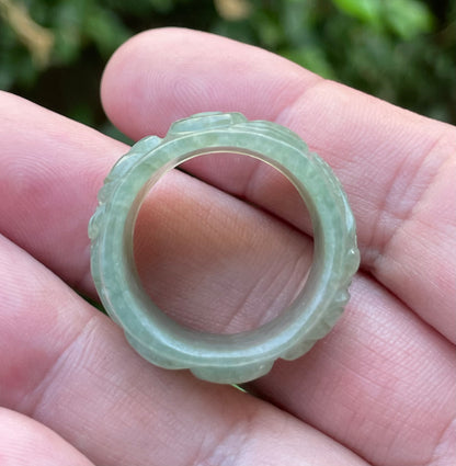 Natural Burmese Jadeite Jade Ring – Icy Translucent Emerald Green – Hand-Carved Fish Motif – Wide Thumb/Band Style – JRN032