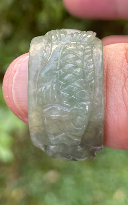 Natural Burmese Jadeite Jade Ring – Icy Translucent Emerald Green – Hand-Carved Fish Motif – Wide Thumb/Band Style – JRN032