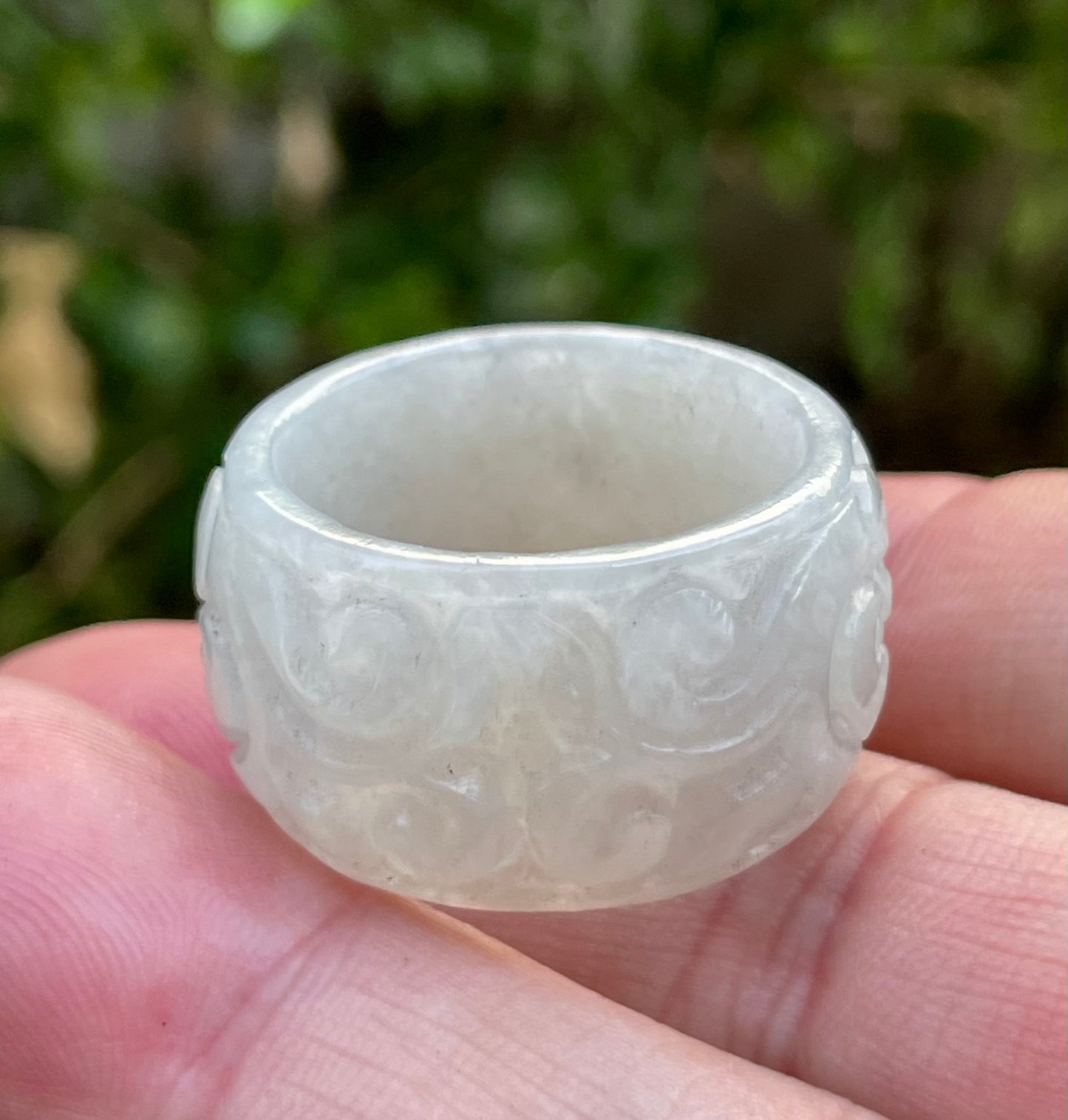 Natural Burmese Jadeite Jade Ring – Icy Translucent Light Apple Green & Milky White – Swirl & Floral Motif – Wide Thumb/Band Style – JRN033