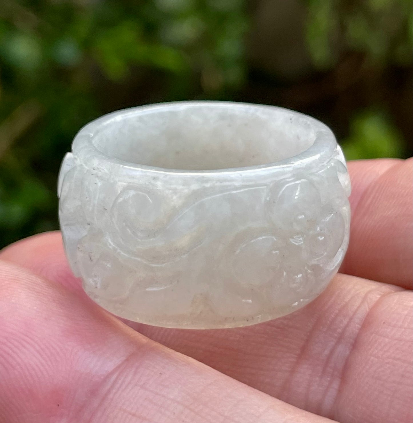 Natural Burmese Jadeite Jade Ring – Icy Translucent Light Apple Green & Milky White – Swirl & Floral Motif – Wide Thumb/Band Style – JRN033
