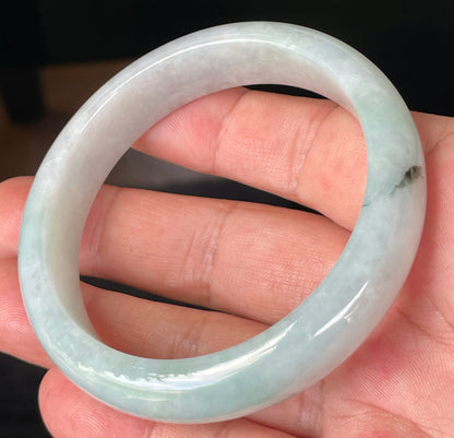 Natural Certified Burmese Jadeite Jade Bangle – Icy Greyish Milky White with Light Apple Green & Bluish Hues – 58.8mm – JB231