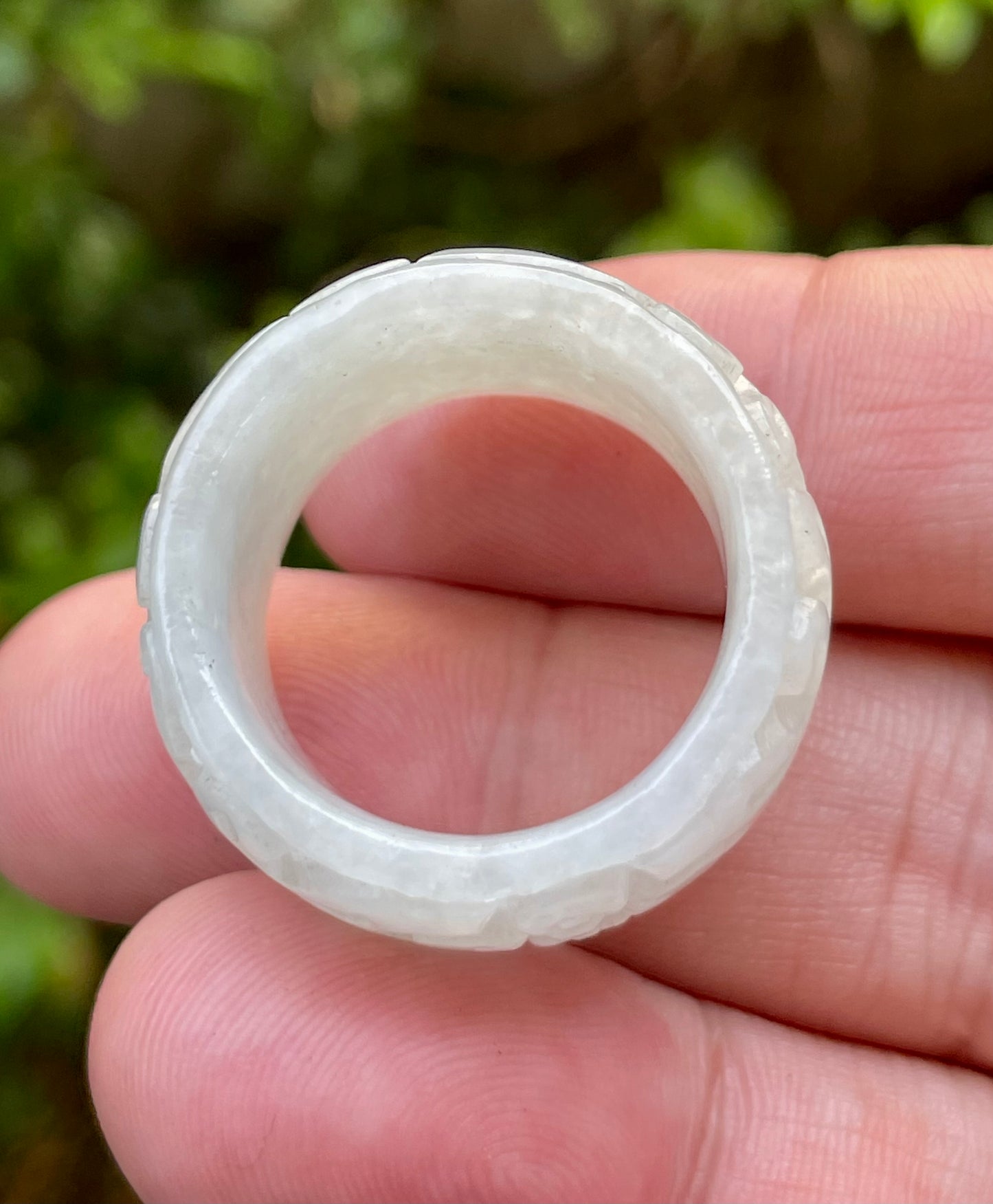 Natural Burmese Jadeite Jade Ring – Icy Translucent Light Apple Green & Milky White – Swirl & Floral Motif – Wide Thumb/Band Style – JRN033