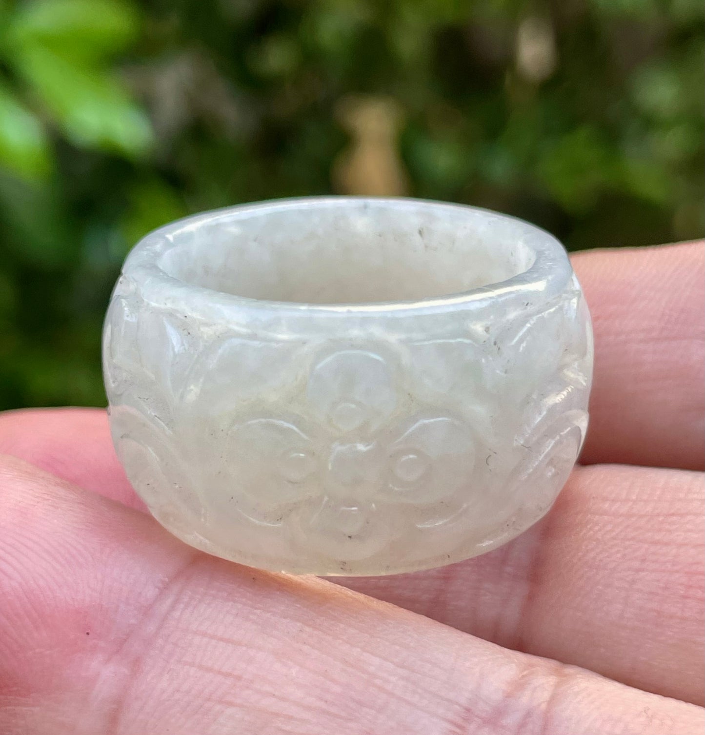 Natural Burmese Jadeite Jade Ring – Icy Translucent Light Apple Green & Milky White – Swirl & Floral Motif – Wide Thumb/Band Style – JRN033