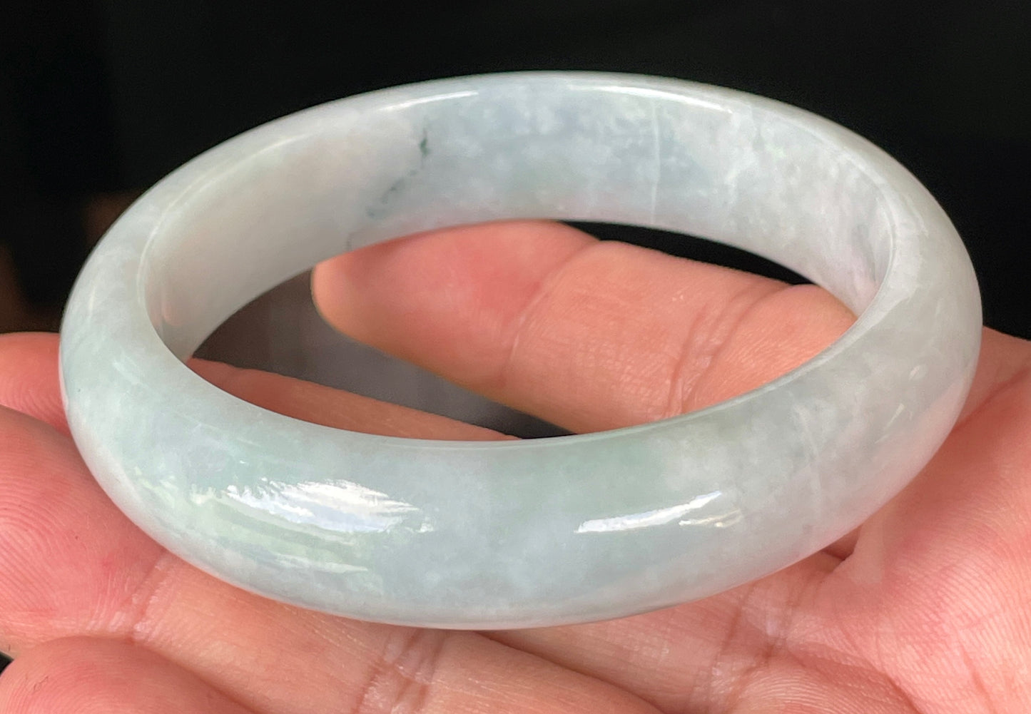 Natural Certified Burmese Jadeite Jade Bangle – Icy Greyish Milky White with Light Apple Green & Bluish Hues – 58.8mm – JB231