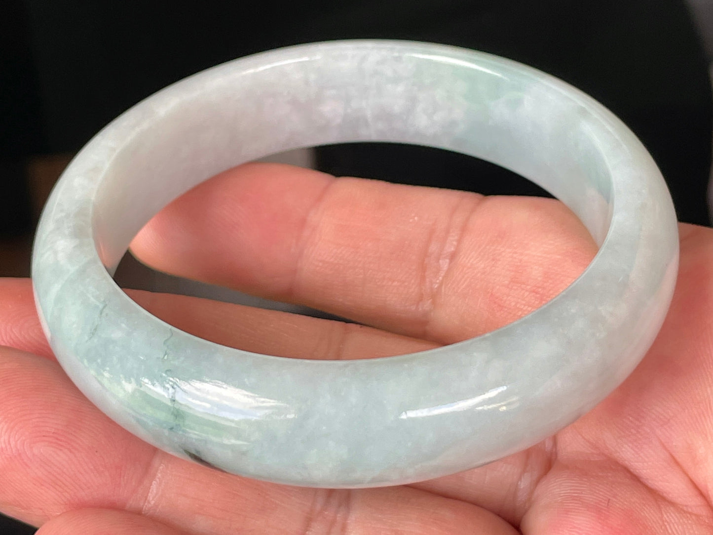 Natural Certified Burmese Jadeite Jade Bangle – Icy Greyish Milky White with Light Apple Green & Bluish Hues – 58.8mm – JB231